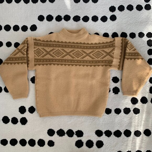 Vintage Sweaters - Vintage Fair Isle Nordic Sweater Womens XS Wool Beige Cropped Retro Apres Ski